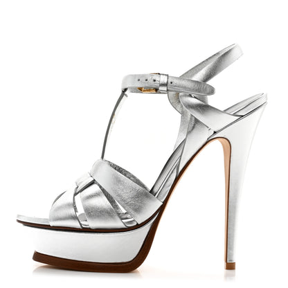 Saint Laurent Metallic Calfskin Tribute 105 Platform Sandals 37 Silver 1 of 7