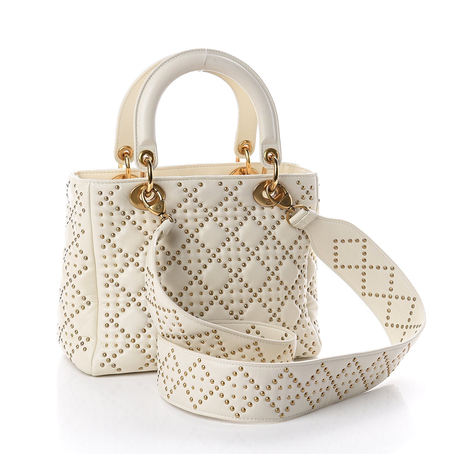 Calfskin Cannage Studded Medium Supple Lady Dior White