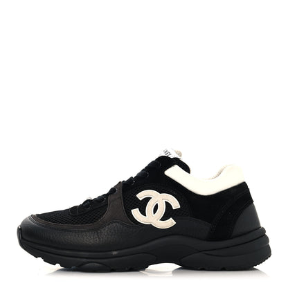 Chanel Mesh Suede Grained Calfskin Womens CC Sneakers 41 Black White 1 of 8
