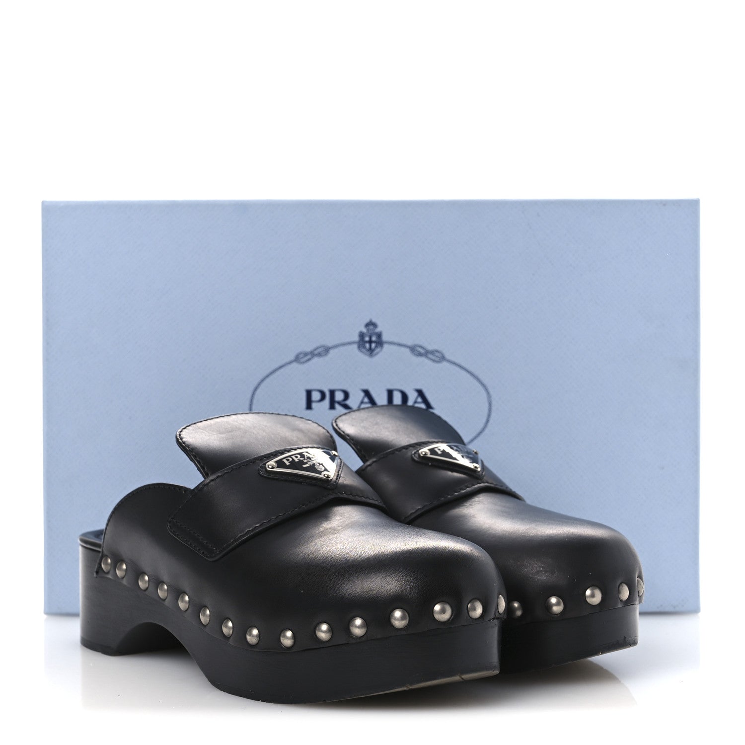 Prada Natural Calfskin Metal Triangle Logo 45mm Clogs 38 Black
