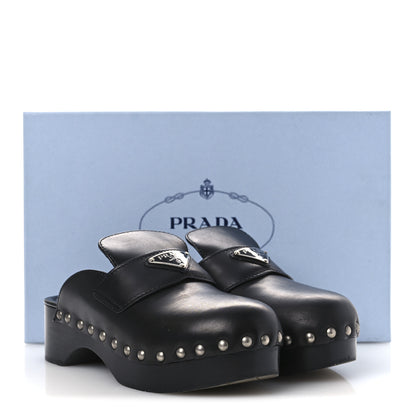 Prada Natural Calfskin Metal Triangle Logo 45mm Clogs 38 Black 12 of 12