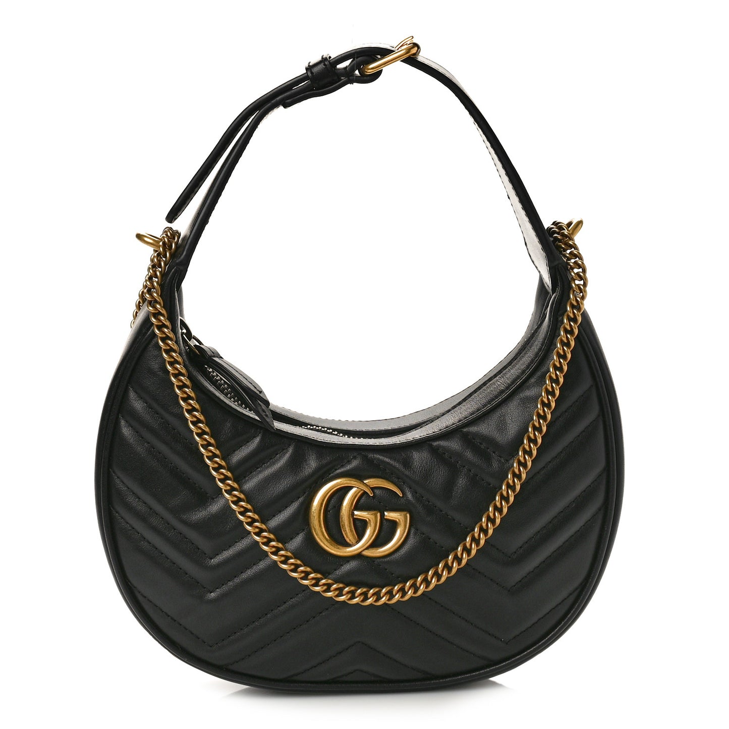 Calfskin Matelasse Chevron Mini GG Marmont Half Moon Hobo Black