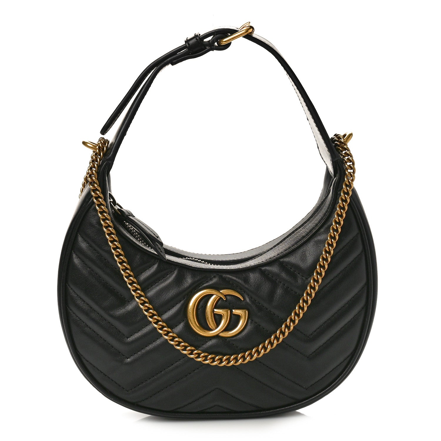 Gucci Calfskin Matelasse Chevron Mini GG Marmont Half Moon Hobo Black 1 of 8