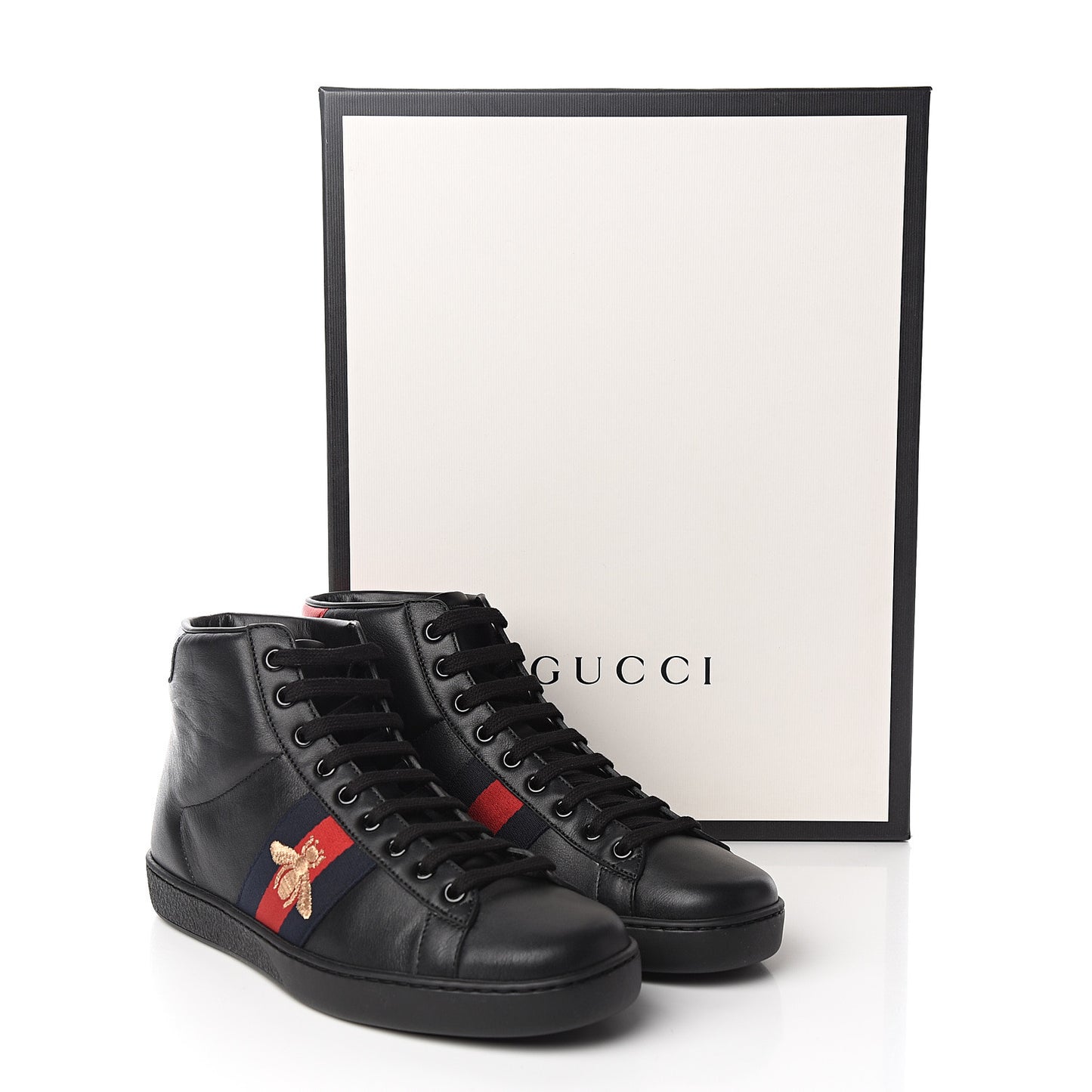 Calfskin Miro Soft Web Bee Embroidered Mens Ace High Top Sneakers 6.5 Black