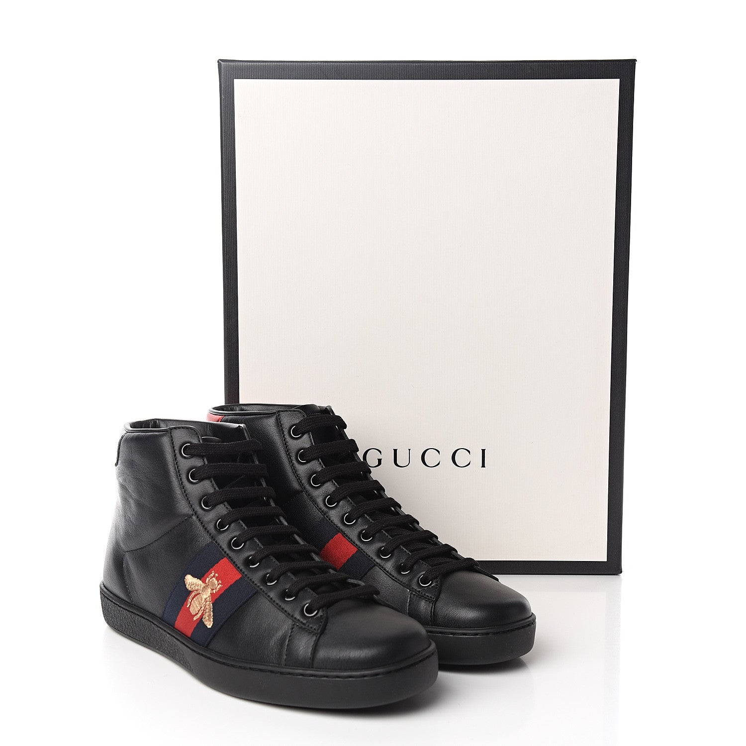 Gucci Calfskin Miro Soft Web Bee Embroidered Mens Ace High Top Sneakers 6.5 Black 9 of 9