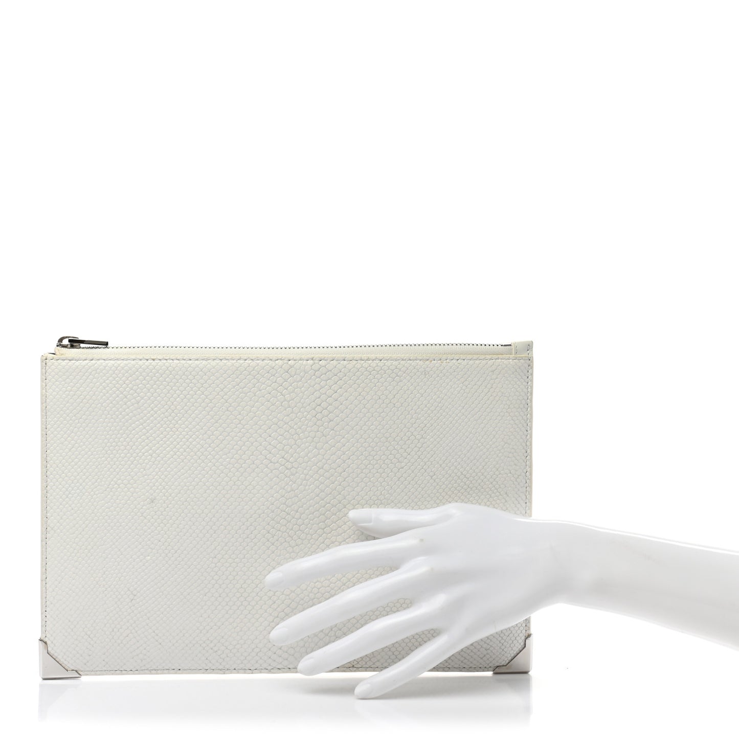 Calfskin Snakeskin Embossed Prisma Flat Pouch White Silver Hardware