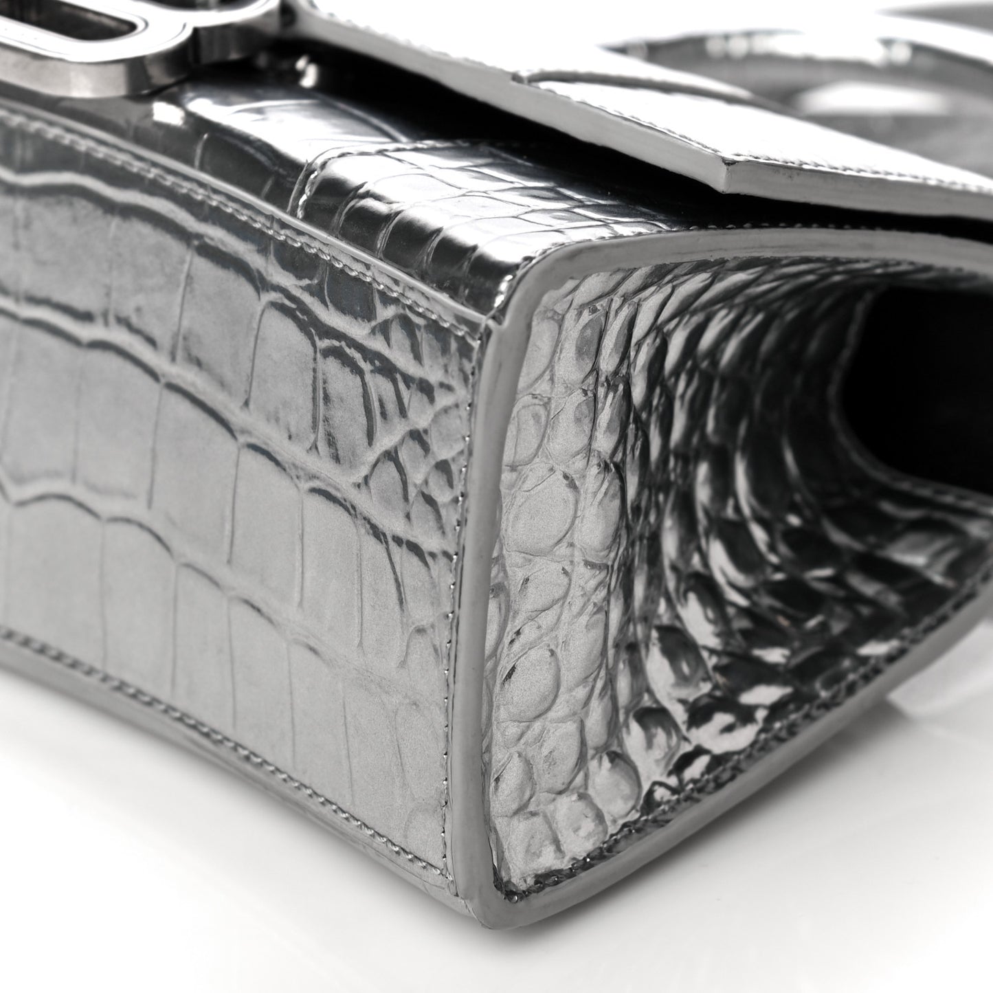 Metallic Calfskin Crocodile Embossed Hourglass Top Handle Bag XS Silver