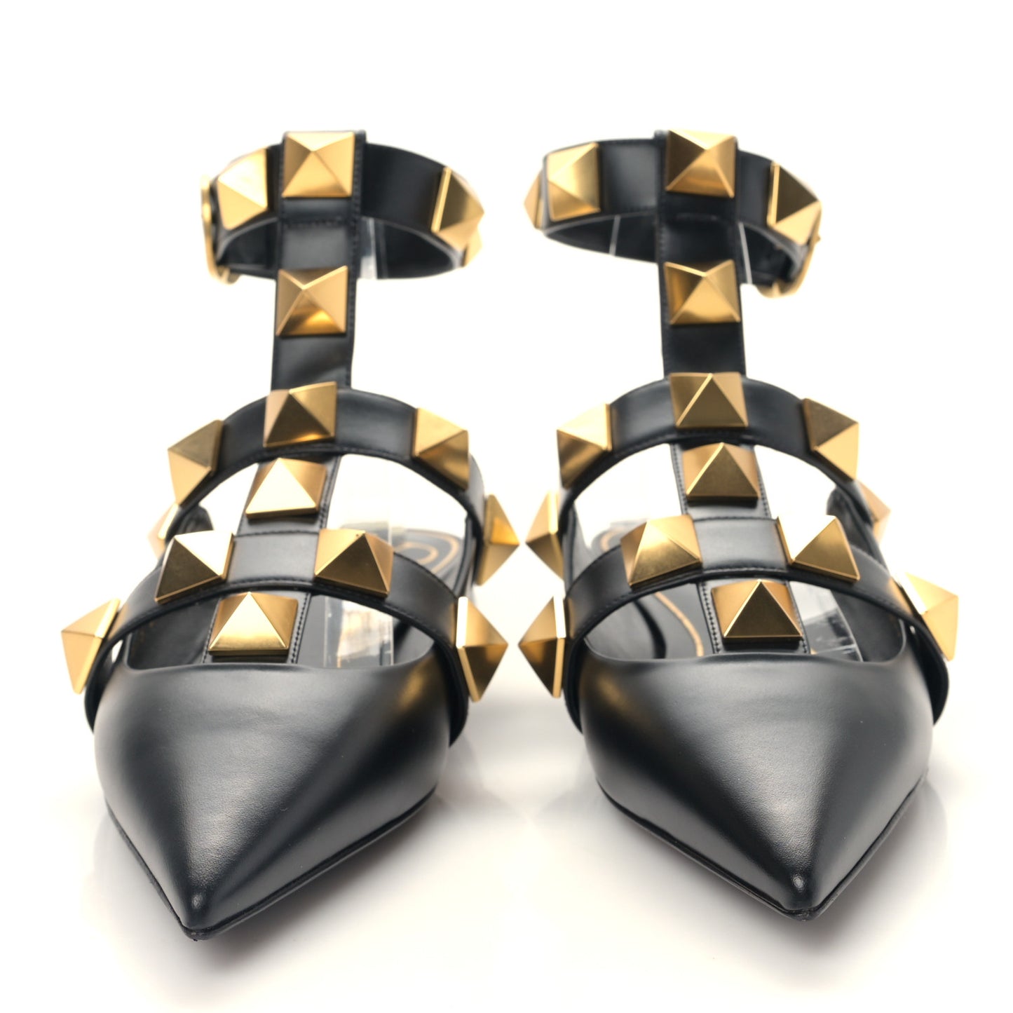 Calfskin Roman Stud Ankle Strap Flat Mules 38.5 Black