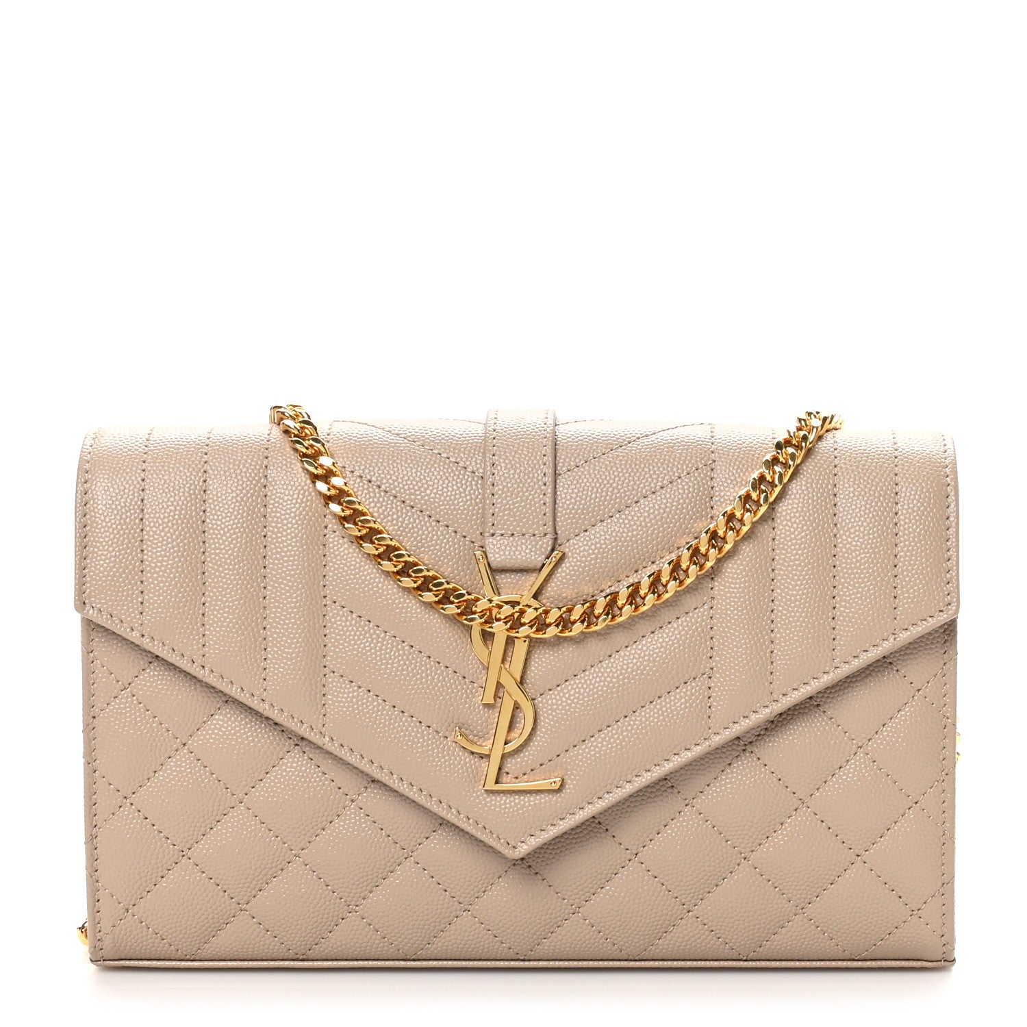 Saint Laurent Grain De Poudre Mixed Matelasse Triquilt Monogram Chain Wallet Dark Beige 1 of 9