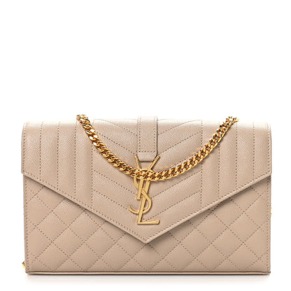 Saint Laurent Grain De Poudre Mixed Matelasse Triquilt Monogram Chain Wallet Dark Beige 1 of 9