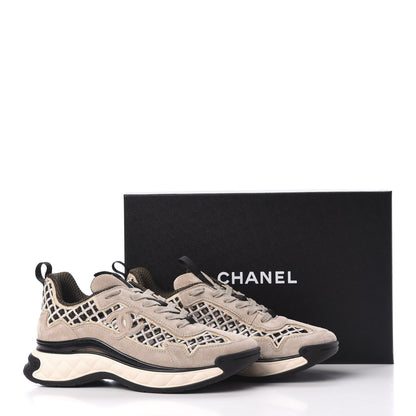 Chanel Suede Calfskin Embroidered CC Sneakers 39 Beige Black 8 of 8