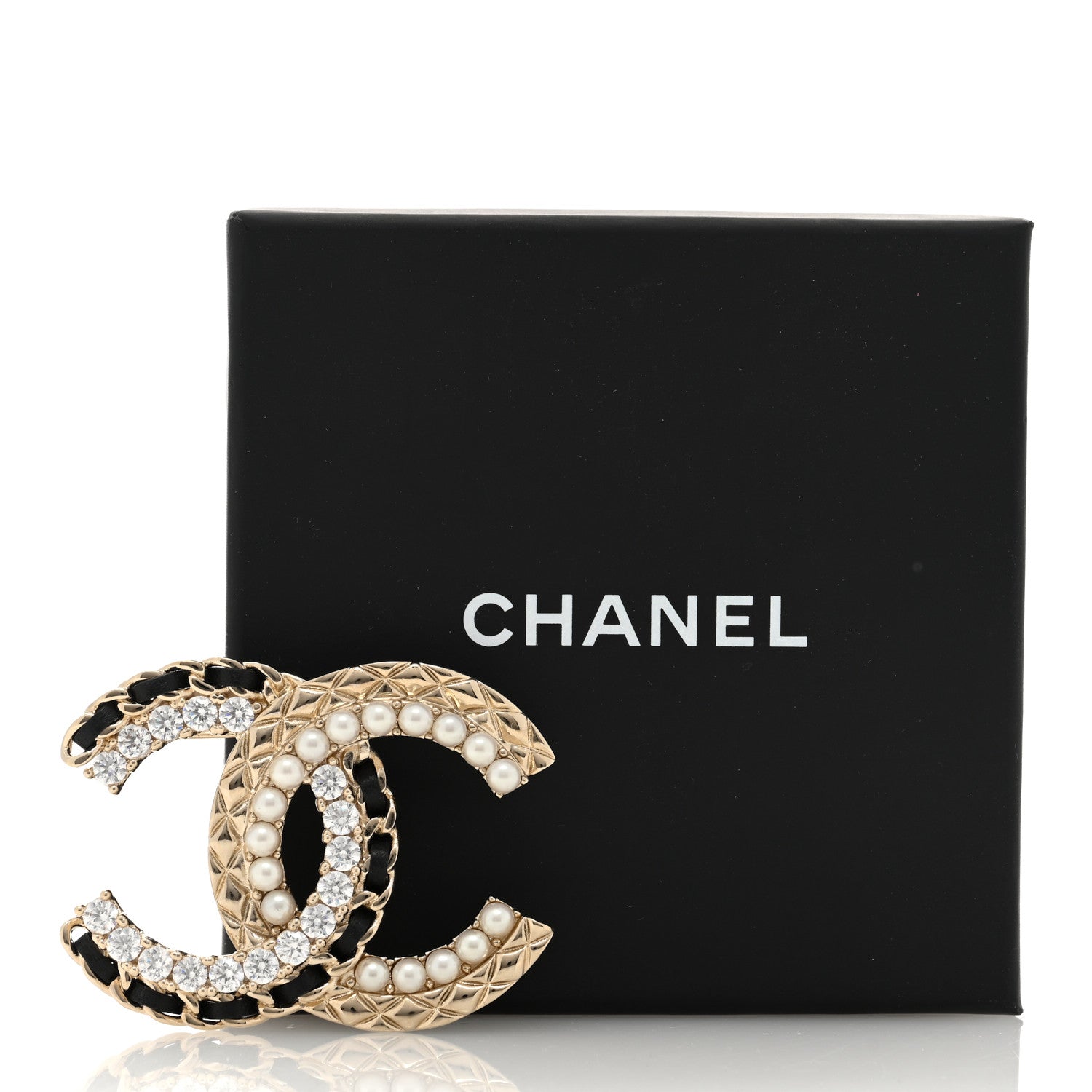 Chanel Lambskin Pearl Crystal Quilted CC Brooch Black Gold Black 4 of 4