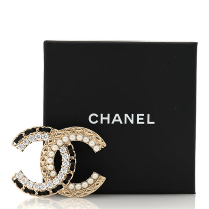 Chanel Lambskin Pearl Crystal Quilted CC Brooch Black Gold Black 4 of 4