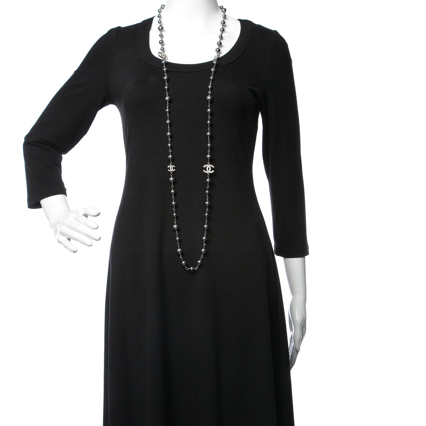 Pearl Crystal CC Long Necklace Silver Grey