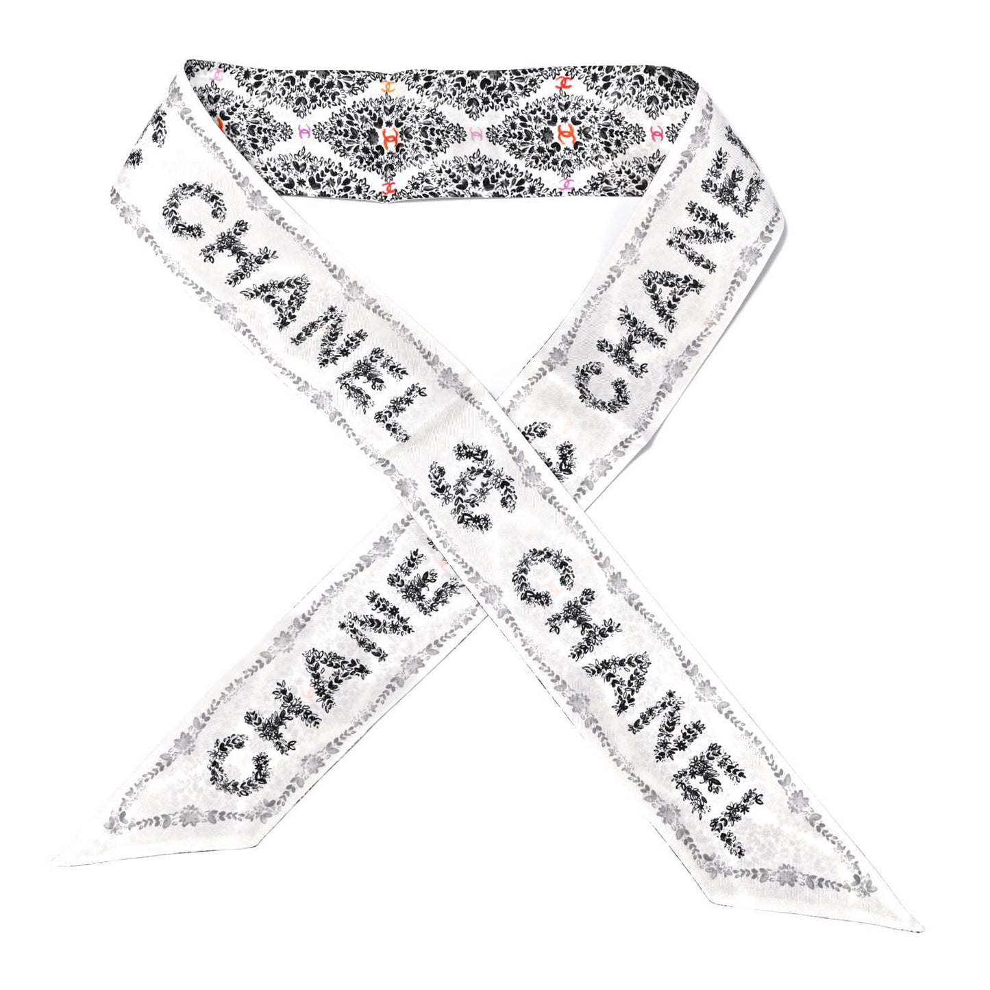 Silk Logo Floral Slim Bandeau Scarf Black White