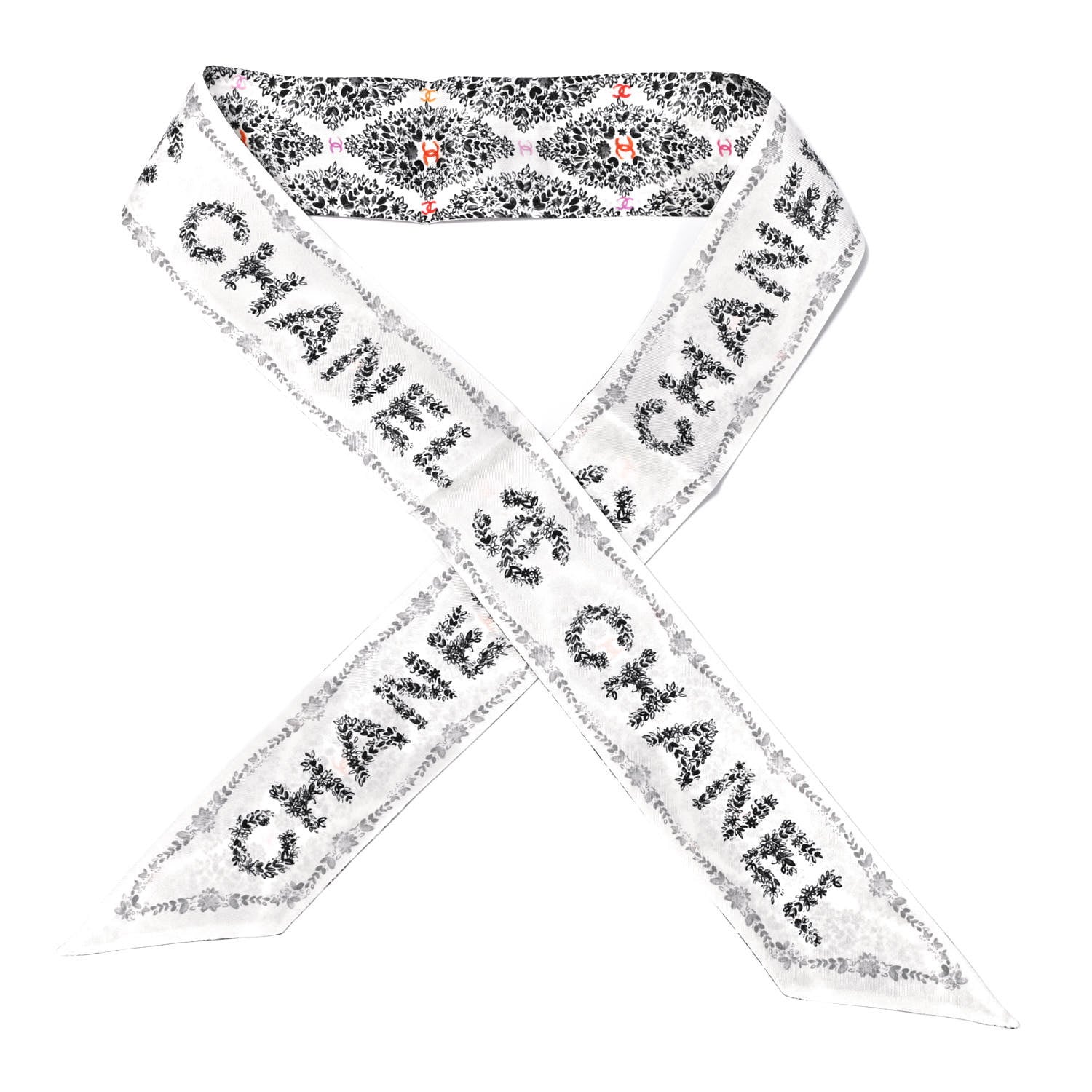 Chanel Silk Logo Floral Slim Bandeau Scarf Black White 1 of 2