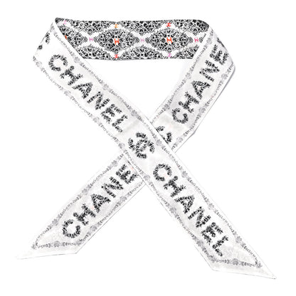 Chanel Silk Logo Floral Slim Bandeau Scarf Black White 1 of 2