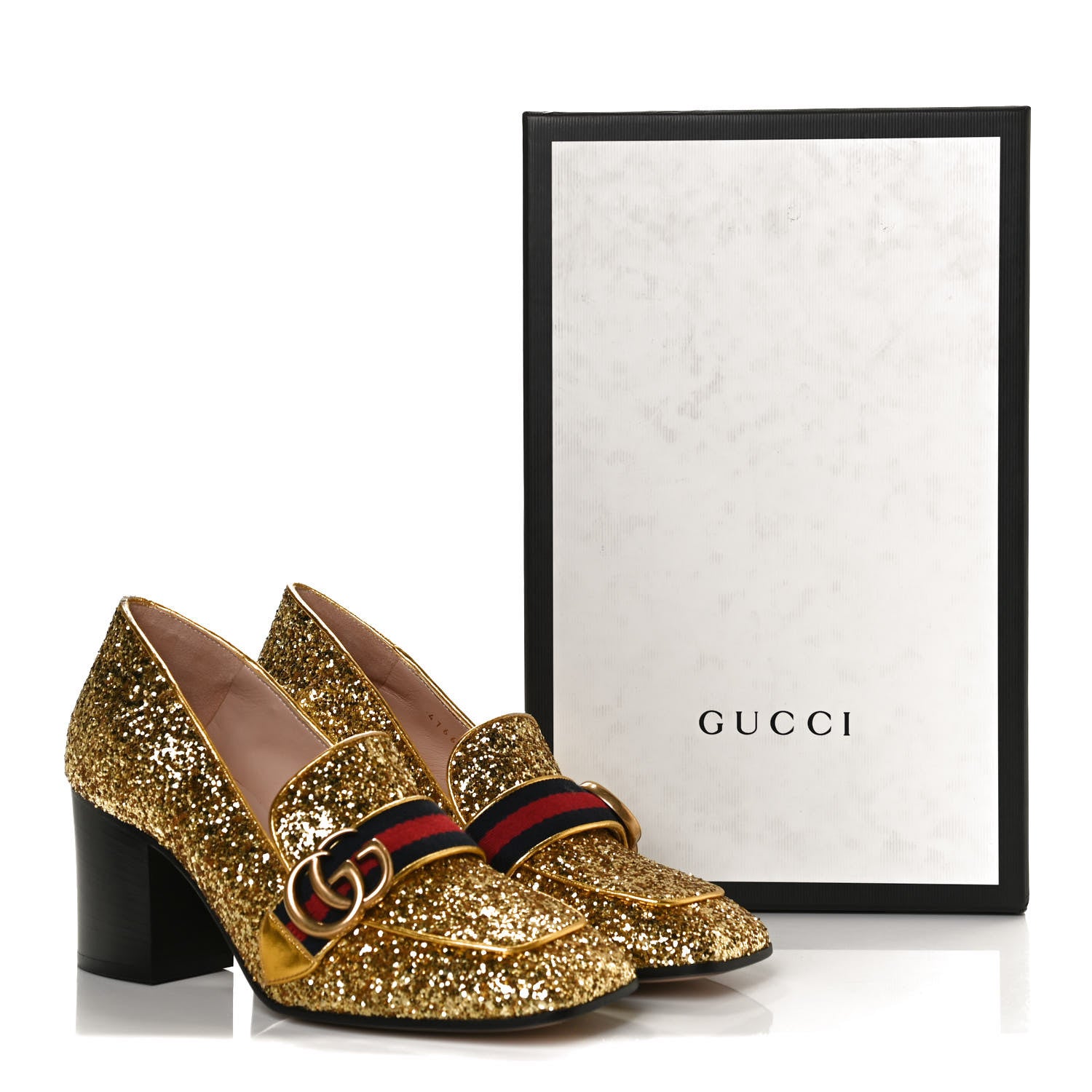 Gucci Glitter Nappa Web Peyton 75mm Loafer Pumps 36.5 Oro Vecchio 13 of 13