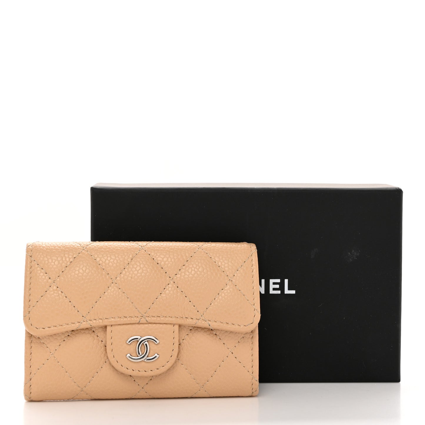 Caviar Quilted Flap Card Holder Wallet Beige