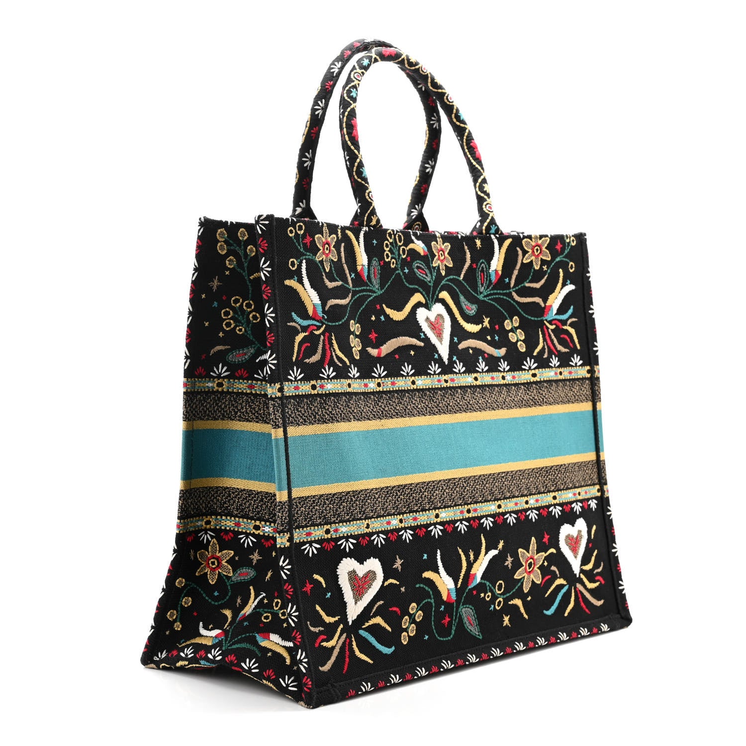Christian Dior Canvas Embroidered Large Flowers Heart Book Tote Black Multicolor 3 of 10