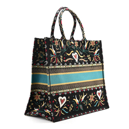 Christian Dior Canvas Embroidered Large Flowers Heart Book Tote Black Multicolor 3 of 10