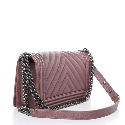 Chanel Metallic Caviar Chevron Quilted Medium Boy Flap Dark Pink 3 of 9