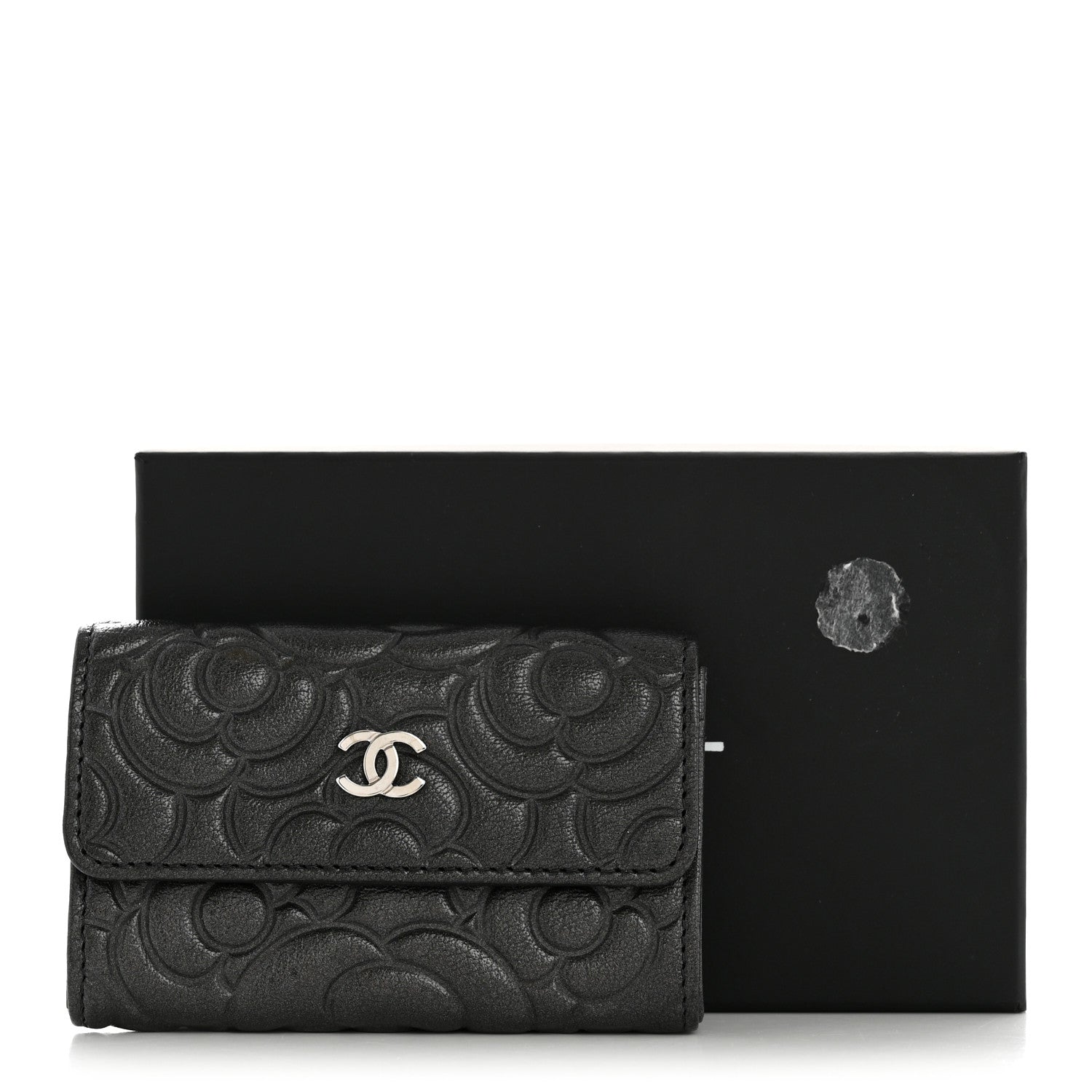 Chanel Goatskin Camellia Embossed Flap Card Holder Wallet Anthracite 9 of 9