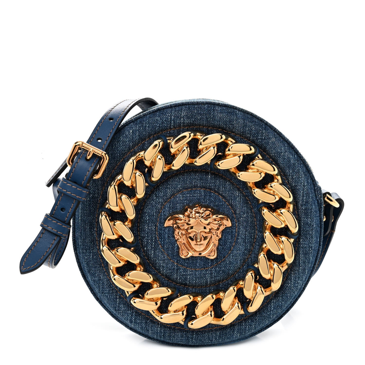 Versace Denim Mini La Medusa Chain Round Crossbody Bag Navy Blue 1 of 9