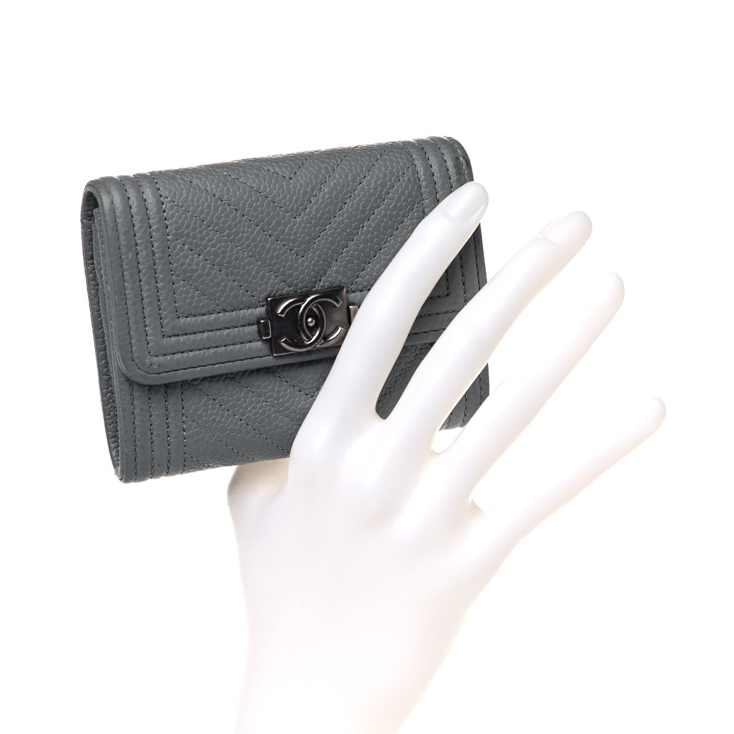 Caviar Chevron Quilted Boy Flap Card Holder Grey