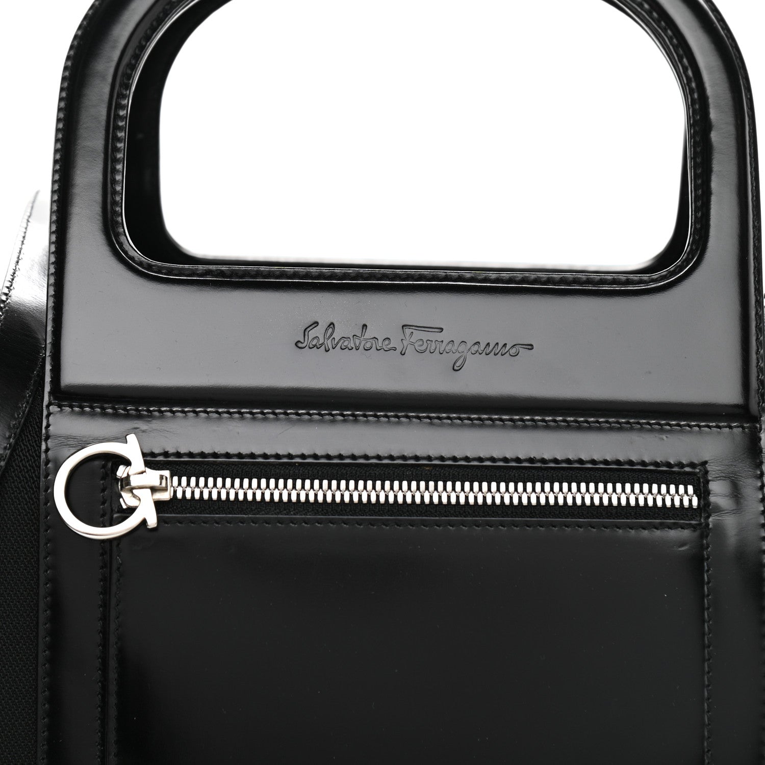 Salvatore Ferragamo Calfskin Canvas Top Handle Bag Black 7 of 10