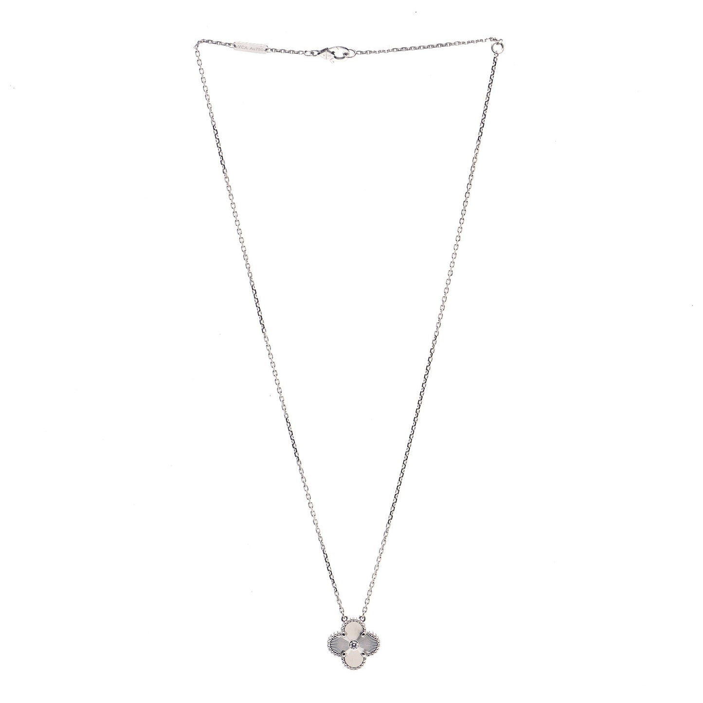 18K White Gold Diamond Guilloche Vintage Alhambra Pendant Necklace