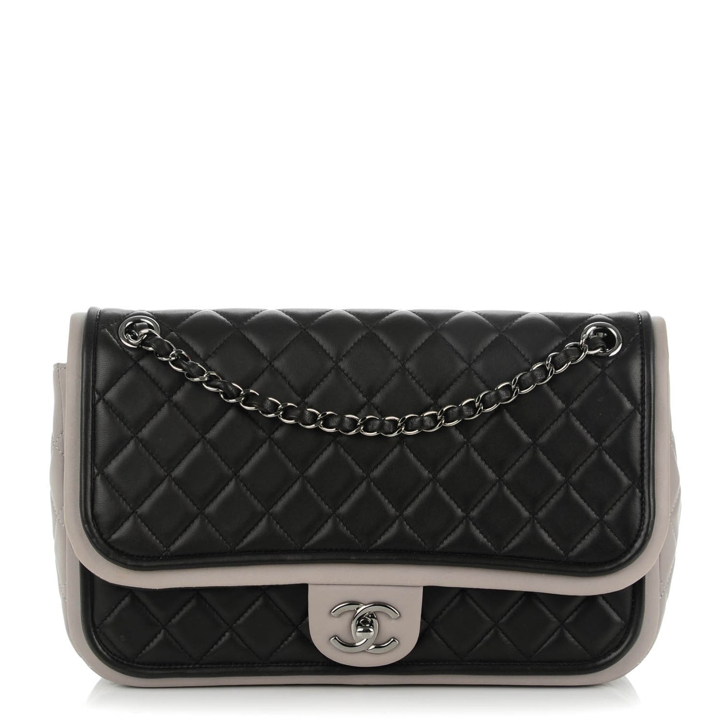 Lambskin Quilted Classic Twist Flap Black Grey