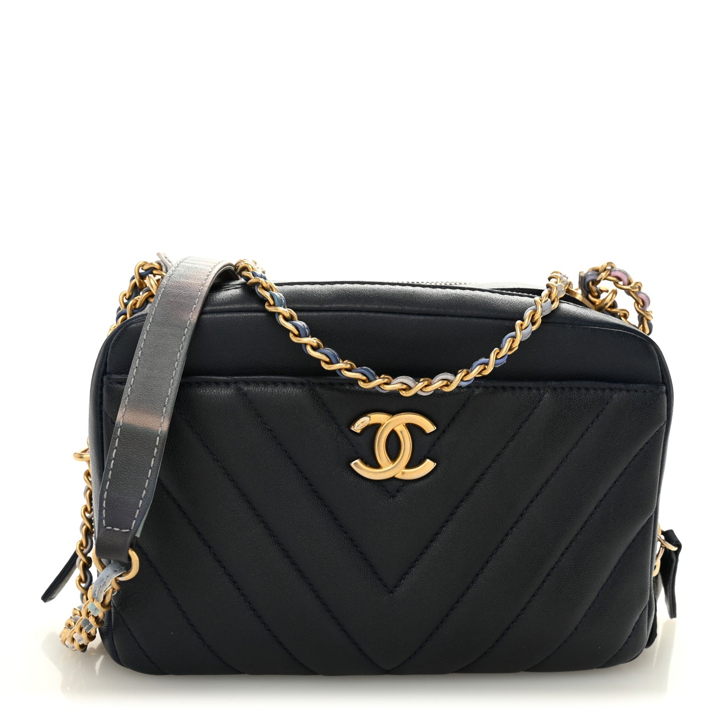 Lambskin Chevron Quilted Chain Around Camera Case Navy