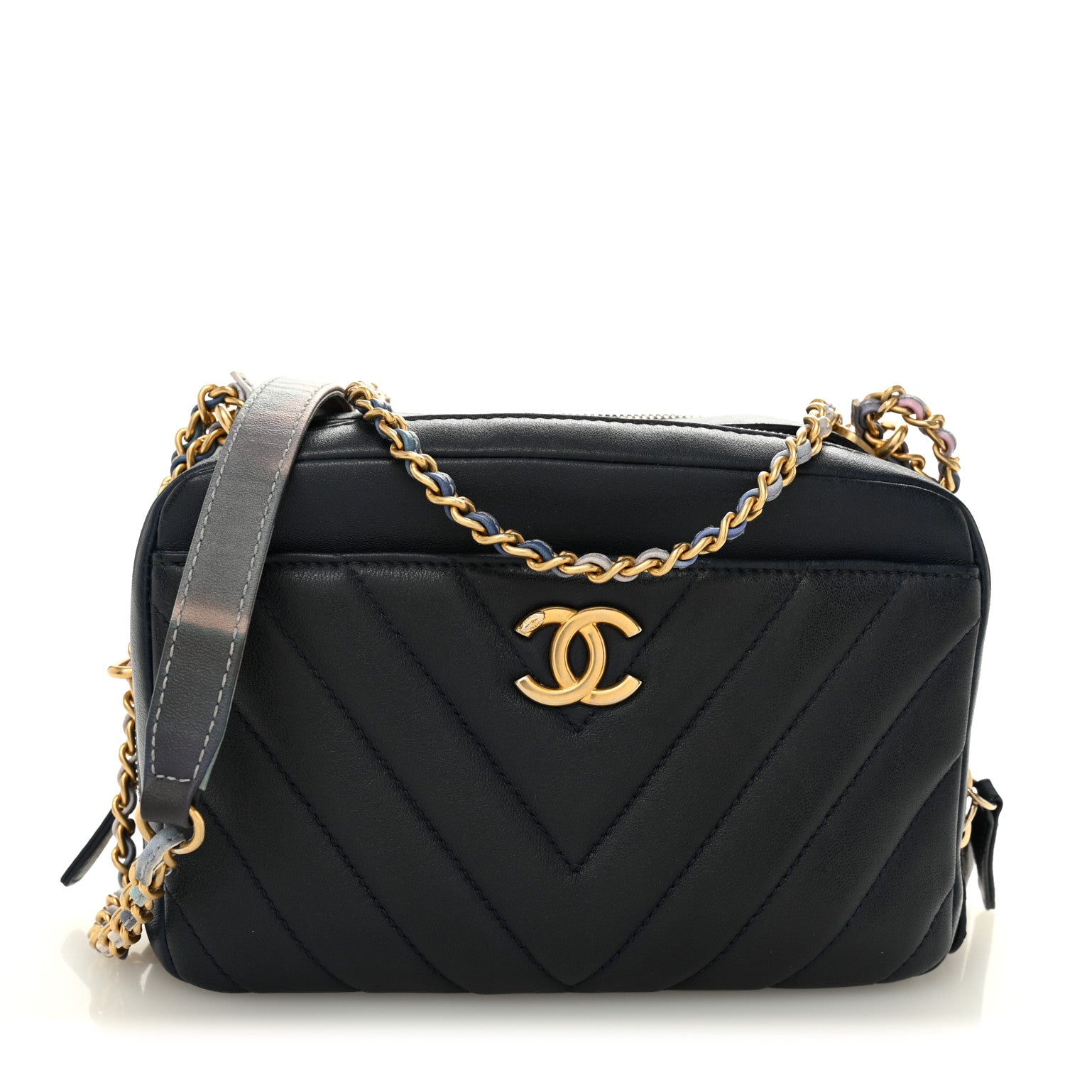 Chanel Lambskin Chevron Quilted Chain Around Camera Case Navy 1 of 12