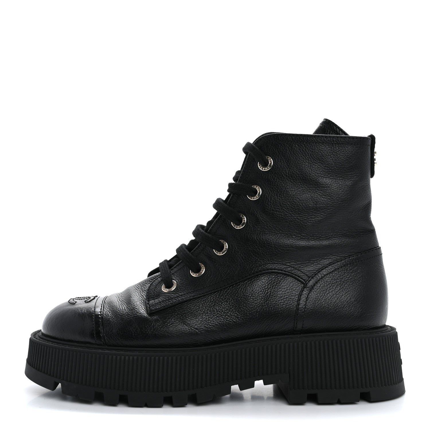 Chanel Grained Calfskin Shiny Calfskin CC Lace Up Combat Boots 40 Black 1 of 14