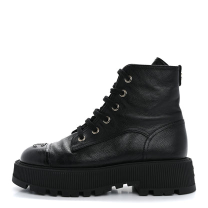 Chanel Grained Calfskin Shiny Calfskin CC Lace Up Combat Boots 40 Black 1 of 14