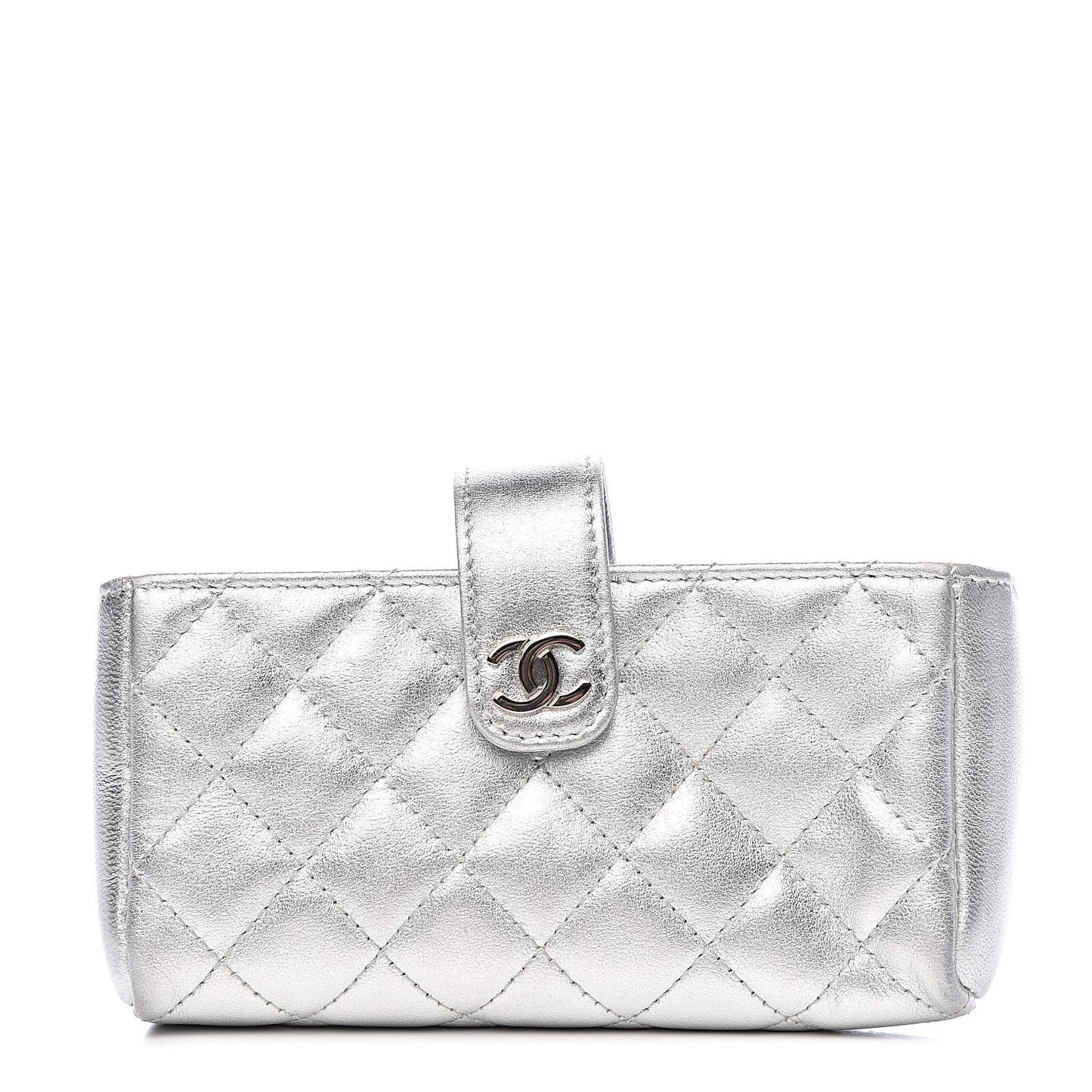 Metallic Lambskin Quilted Mini Phone Holder Clutch Silver