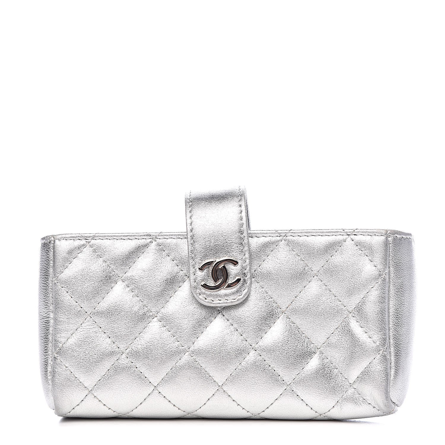 Chanel Metallic Lambskin Quilted Mini Phone Holder Clutch Silver 1 of 10
