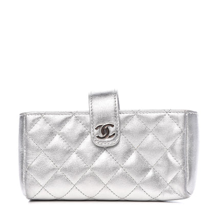 Chanel Metallic Lambskin Quilted Mini Phone Holder Clutch Silver 1 of 10