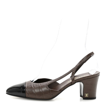 Chanel Calfskin Crocodile Embossed Patent Cap Toe CC Slingback Sandals 41 Brown Black 1 of 9