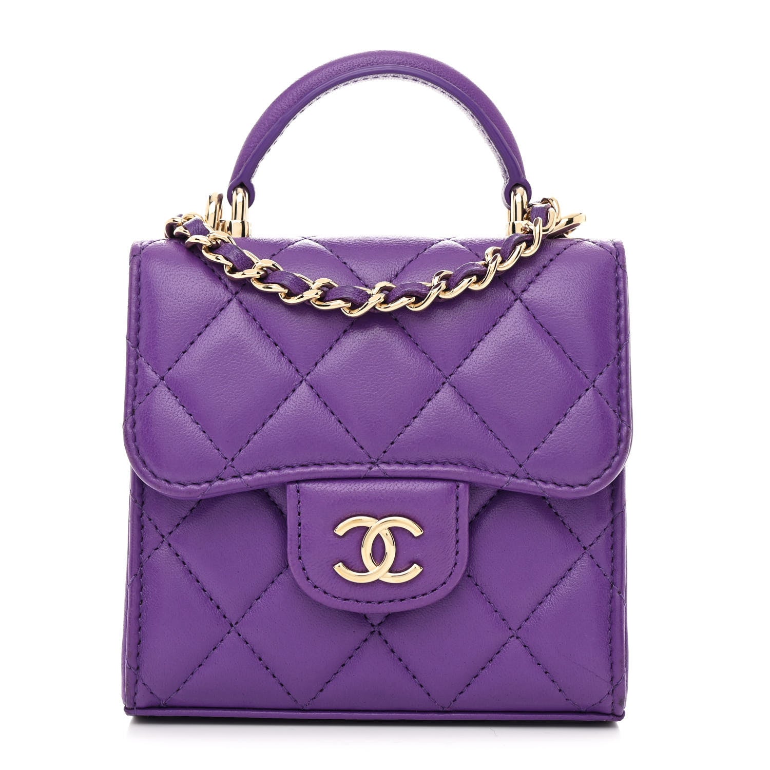 Chanel Lambskin Quilted Top Handle Flap Clutch With Chain Purple 1 of 11