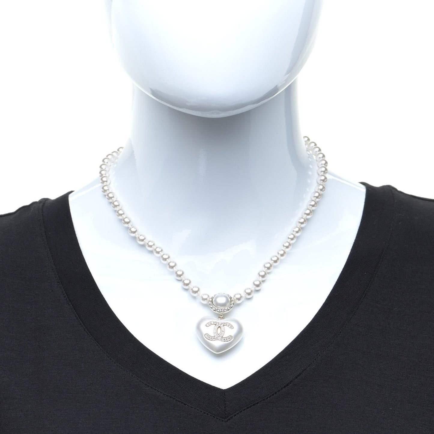 Pearl Crystal CC Heart Short Necklace Pearly White Gold