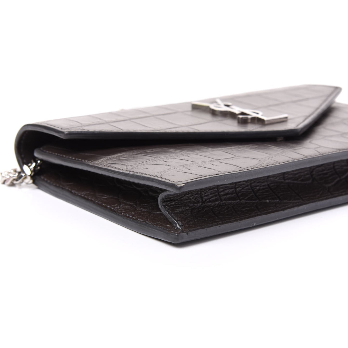 SAINT LAUREN Croc Embossed Monogram Envelope Chain Wallet Dark Anthracite