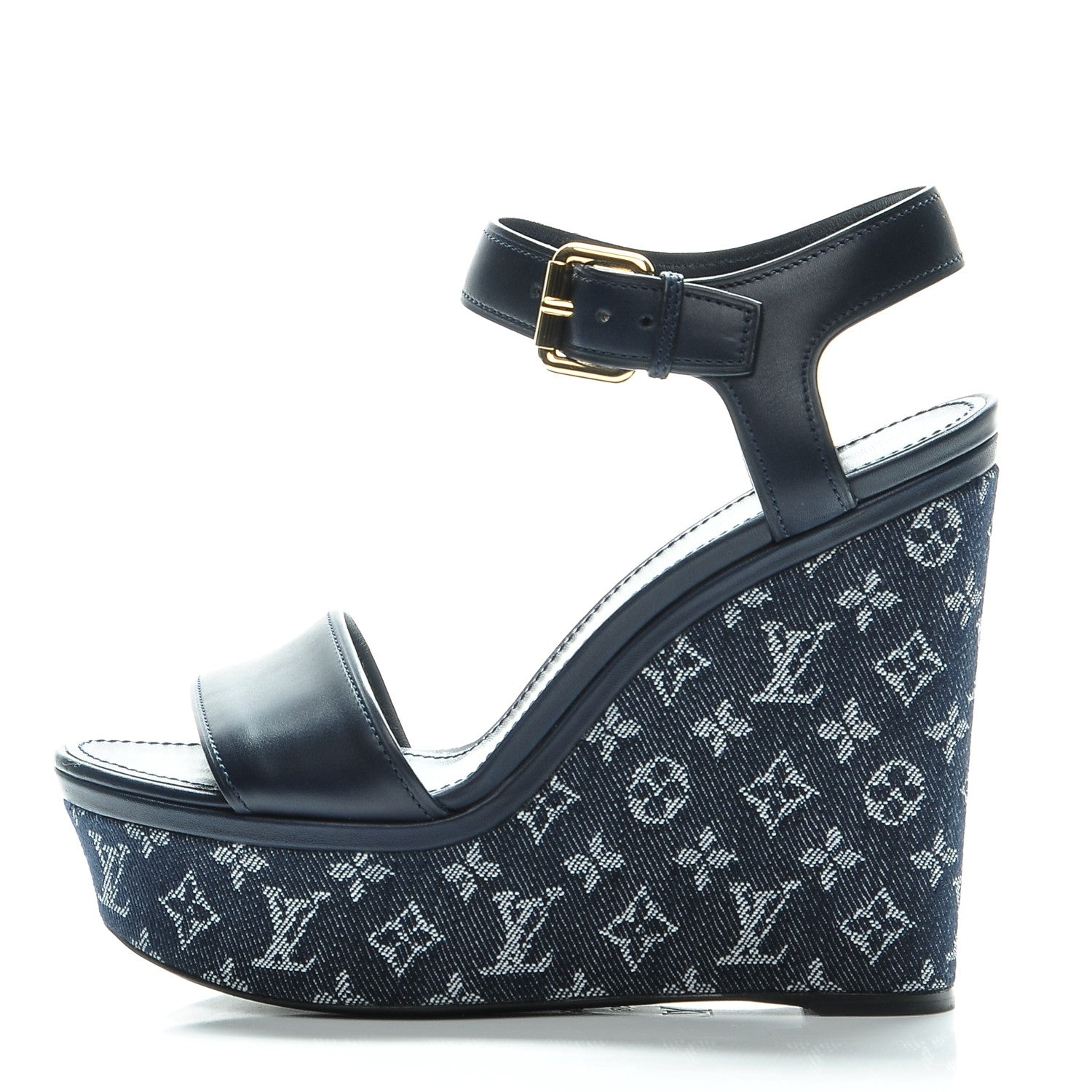 Louis Vuitton Calfskin Monogram Denim Waterfall Wedge Sandals 38 Blue 1 of 8