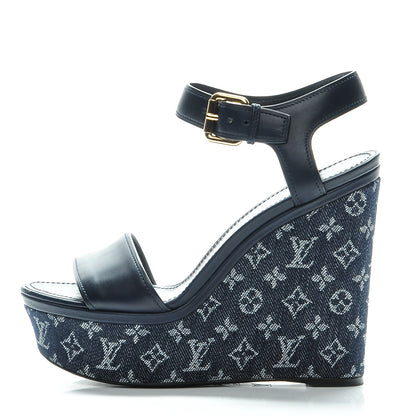 Louis Vuitton Calfskin Monogram Denim Waterfall Wedge Sandals 38 Blue 1 of 8