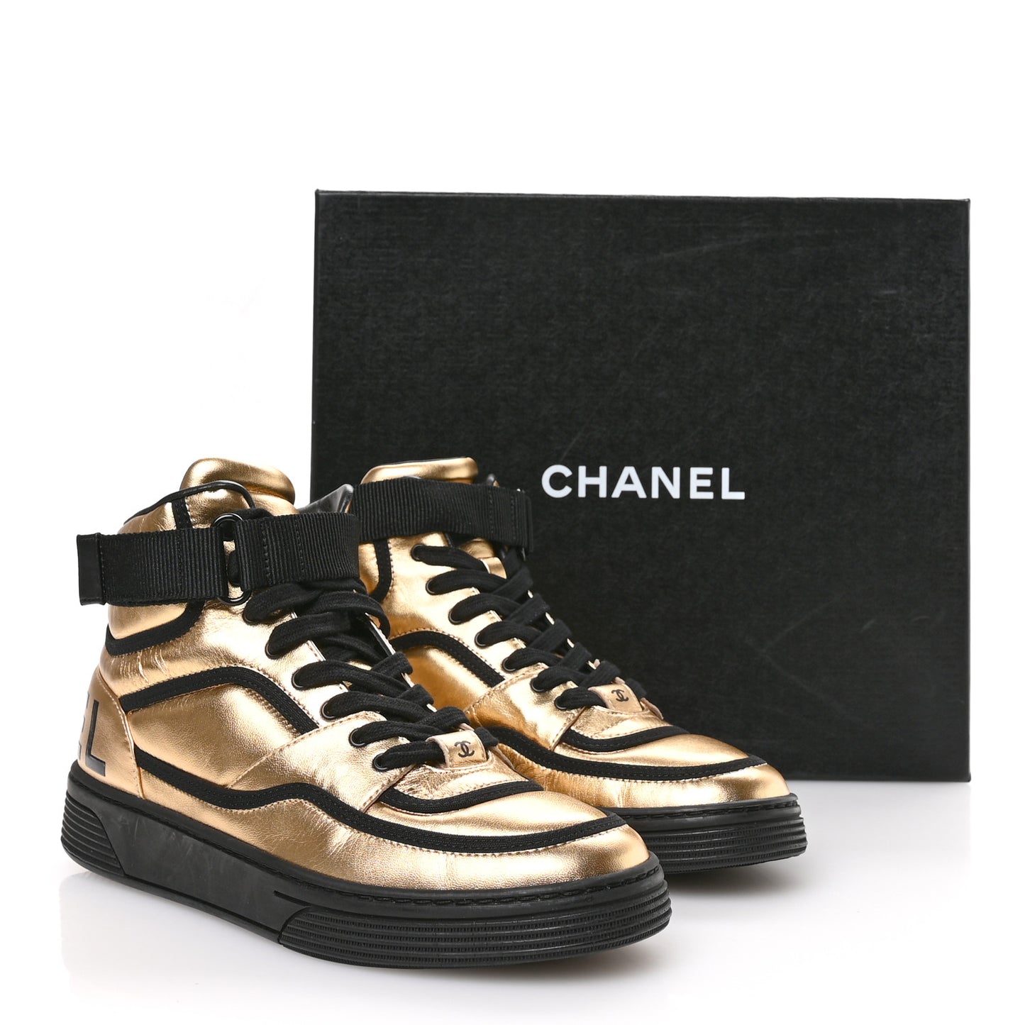 Metallic Satin Lambskin Logo High Top Sneakers 38 Gold Black