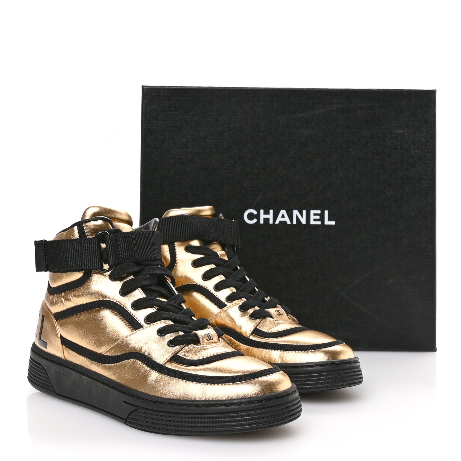 Chanel Metallic Satin Lambskin Logo High Top Sneakers 38 Gold Black 9 of 9