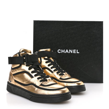 Chanel Metallic Satin Lambskin Logo High Top Sneakers 38 Gold Black 9 of 9