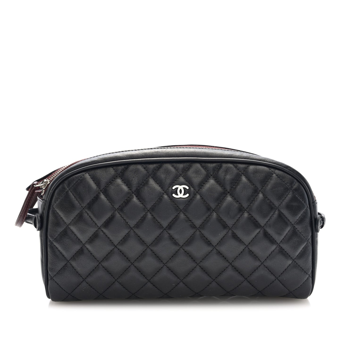 Lambskin Quilted Large Curvy Pouch Cosmetic Case Black