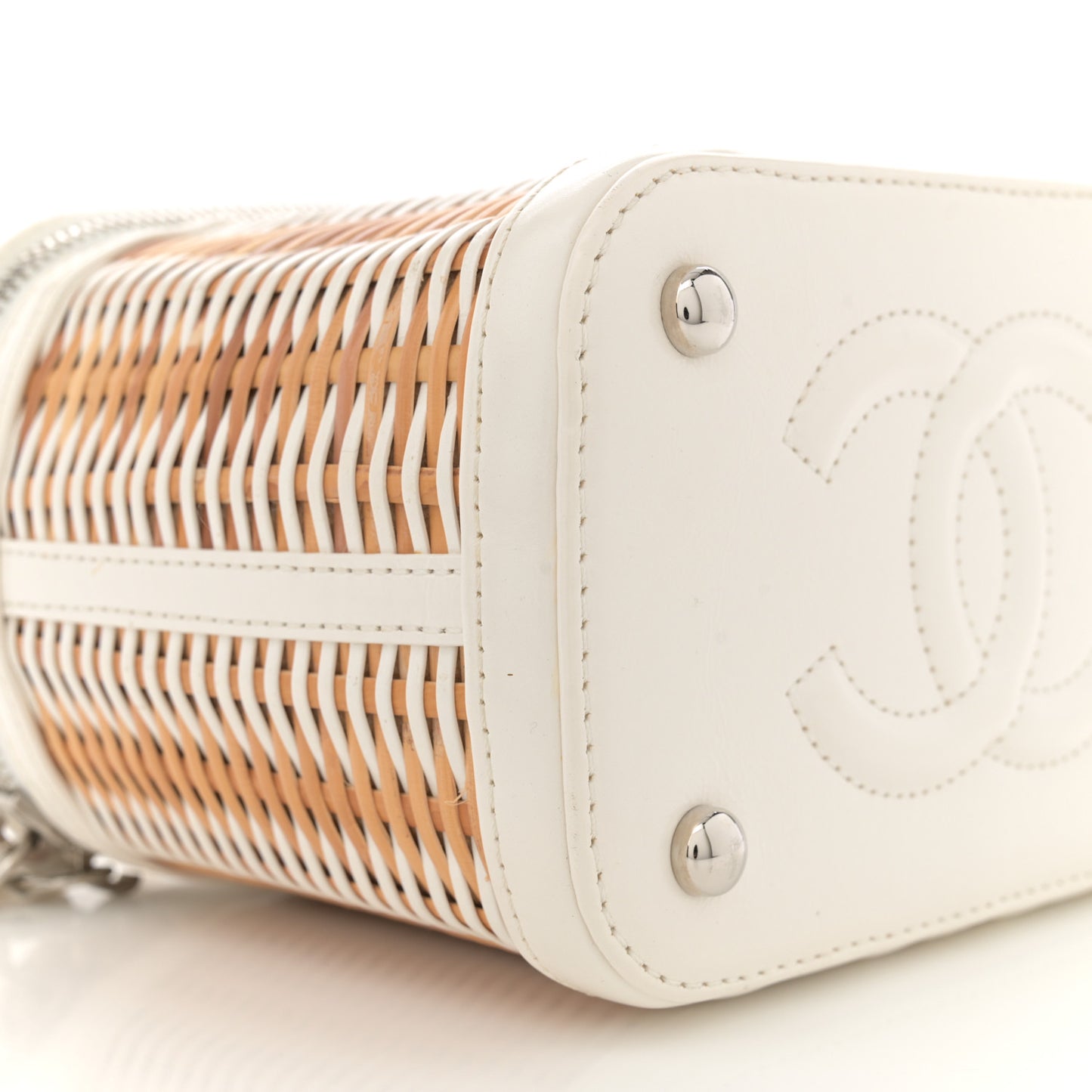 Calfskin Raffia Small Vanity Case Bag White Beige White Beige